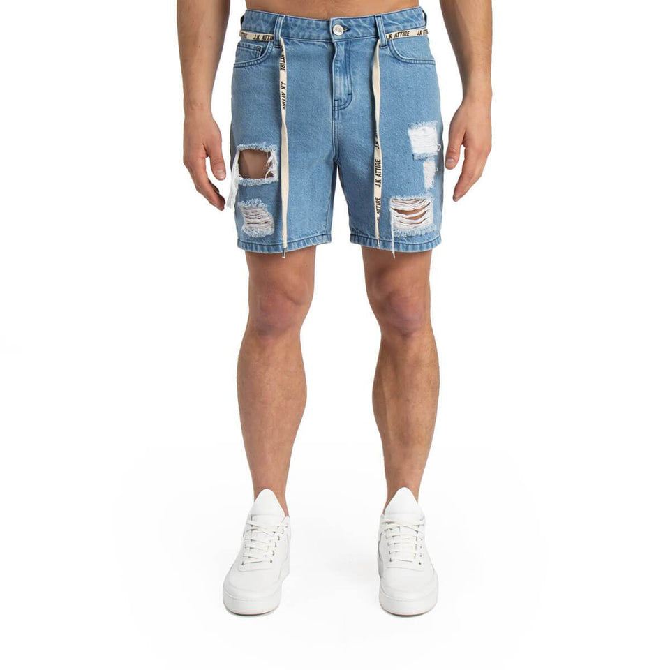 Surface Distressed Ripped Denim Shorts - Mid Blue
